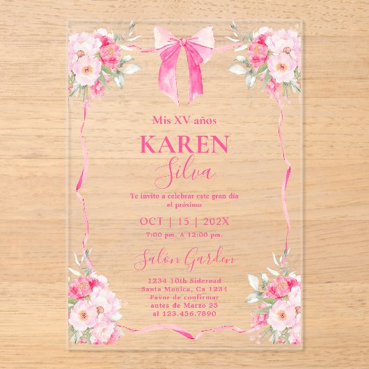 Hot Pink Bow Quinceanera Acryl Uitnodiging (Voorkant)