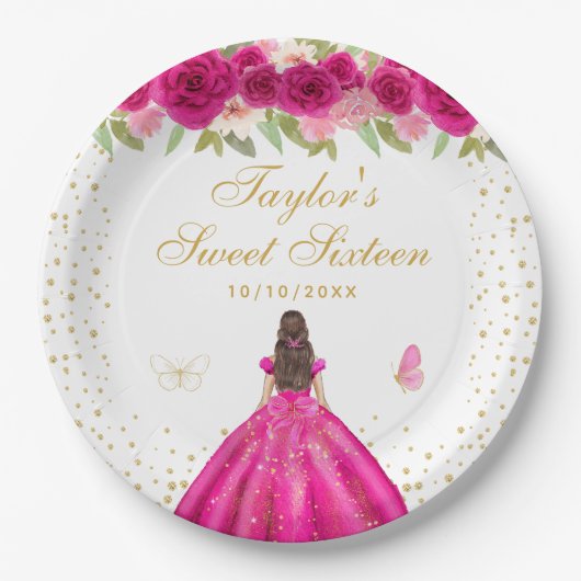 Hot Pink Brunette Hair Princess Sweet Sixteen Papieren Bordje (Voorkant)