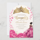 Hot Pink Butterflies Floral Tiara Quinceanera Kaart (Voorkant)