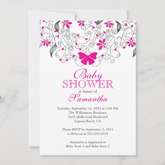  Hot Pink Butterfly Baby Meisje Baby shower Kaart (Voorkant)