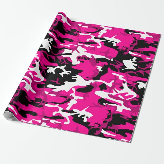 Hot Pink Camouflage Zwart Wit Camo Cadeaupapier (Uitgerold)