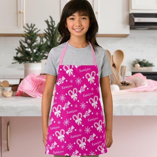 Hot Pink Candy Cane Peppermint Snowflakes Naam toe Schort