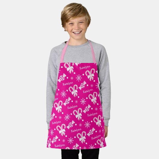 Hot Pink Candy Cane Peppermint Snowflakes Naam toe Schort (Gedragen)