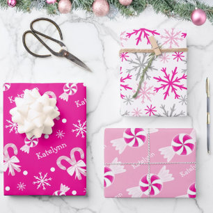Hot Pink Candy Canes Pepermunt & Snowflakes Naam Inpakpapier Vel