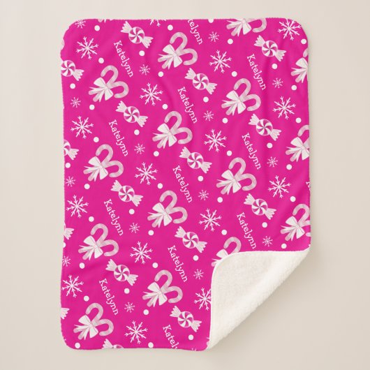 Hot Pink Candy Canes Pepermunt & Snowflakes Naam Sherpa Deken (Voorkant)