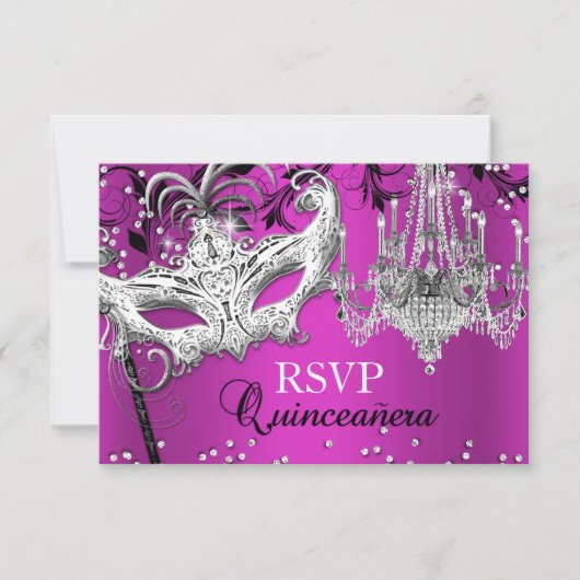 Hot Pink Chandelier Masquerade Quinceanera RSVP (Voorkant)