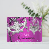 Hot Pink Chandelier Masquerade Quinceanera RSVP (Staand voorkant)