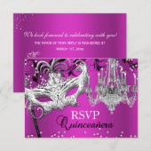 Hot Pink Chandelier Masquerade Quinceanera RSVP (Voorkant / Achterkant)
