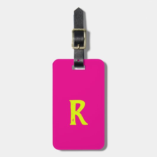 Hot Pink Chartreuse Yellow Neon Monogram Script Bagagelabel (Voorkant verticaal)