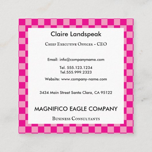 Hot Pink Check Patroon & Grote Logo Vierkante Visitekaartje (Achterkant)