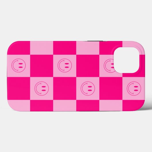 Hot Pink Checker & Happy Smile Faces Case-Mate iPhone Case (Achterkant (horizontaal))