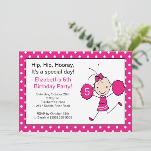 Hot Pink Cheerleader Cheer Birthday Uitnodiging (Staand voorkant)