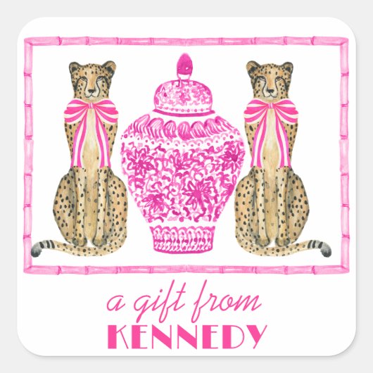Hot Pink Cheetah Chinoserie Gift Sticker (Voorkant)