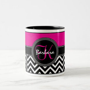 Hot Pink Chevron Monogram Barbara K Chic Tweekleurige Koffiemok