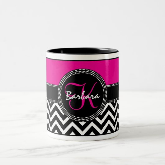 Hot Pink Chevron Monogram Barbara K Chic Tweekleurige Koffiemok (Center)