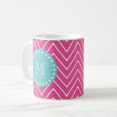 Hot Pink Chevron Pattern | Blauwgroen monogram Koffiemok (Voorkant links)
