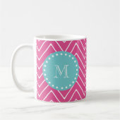 Hot Pink Chevron Pattern | Blauwgroen monogram Koffiemok (Links)