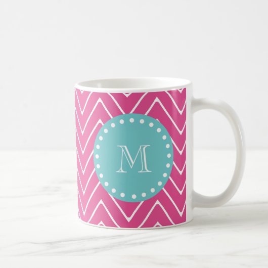Hot Pink Chevron Pattern | Blauwgroen monogram Koffiemok (Rechts)