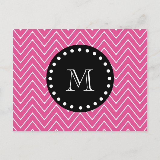 Hot Pink Chevron Pattern | Zwart monogram Briefkaart (Voorkant)