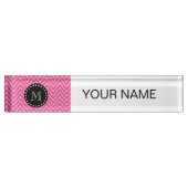Hot Pink Chevron Pattern | Zwart monogram Naambordje (Voorkant)