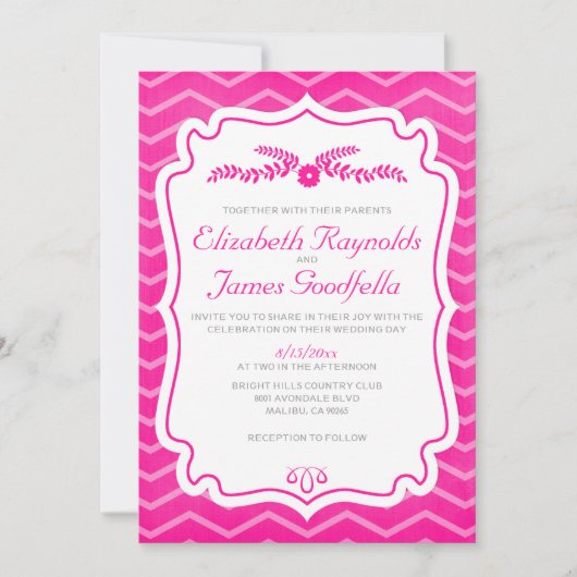 Hot Pink Chevron Stripes Wedding Invitations Kaart (Voorkant)