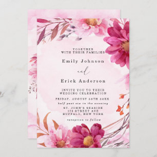 Hot Pink Chrysanthemum Floral Wedding Kaart
