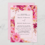 Hot Pink Chrysanthemum Floral Wedding Uitnodiging<br><div class="desc">Het ontwerp is voorzien van een gekleurd opschrift met het bloemelement in de schoppen van de roze en de wazige roze over de bladeren van de bladeren,  de tak van de bladeren en de chrysanthemumbloemen op een lichtroze achtergrond van de waterverf. Geweldig voor je trouwfeesten!</div>