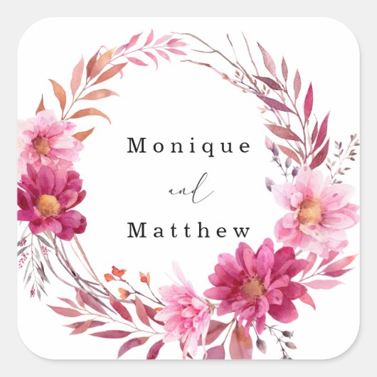 Hot Pink Chrysanthemum Wreath Wedding Vierkante Sticker (Voorkant)