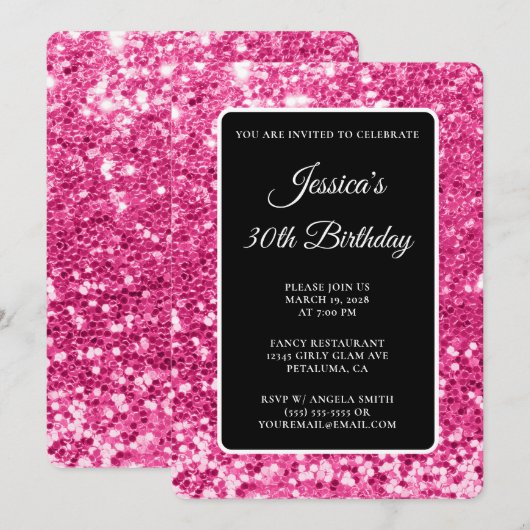 Hot Pink Chunky Glitter Zwart Wit 30ste Verjaardag Kaart (Voorkant / Achterkant)