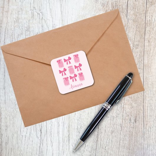 Hot Pink Coquette Pickle Jar en boog gepersonalise Vierkante Sticker