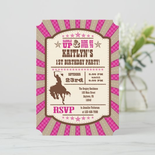 Hot Pink Cowboy Rodeo Birthday Party Uitnodiging (Staand voorkant)