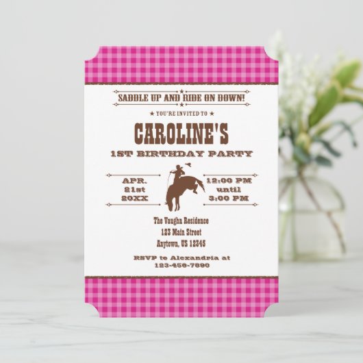 Hot Pink Cowboy Rodeo Birthday Uitnodiging (Staand voorkant)