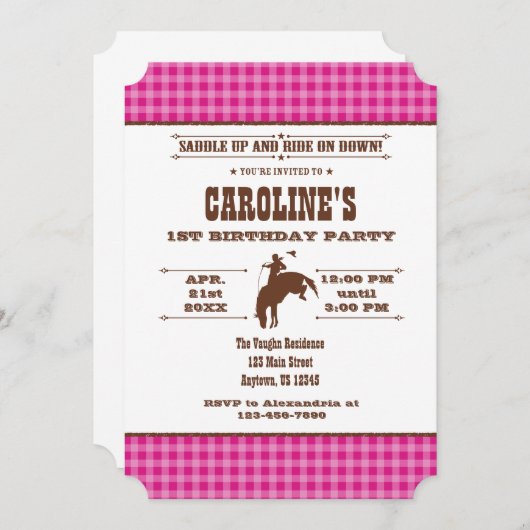 Hot Pink Cowboy Rodeo Birthday Uitnodiging (Voorkant / Achterkant)