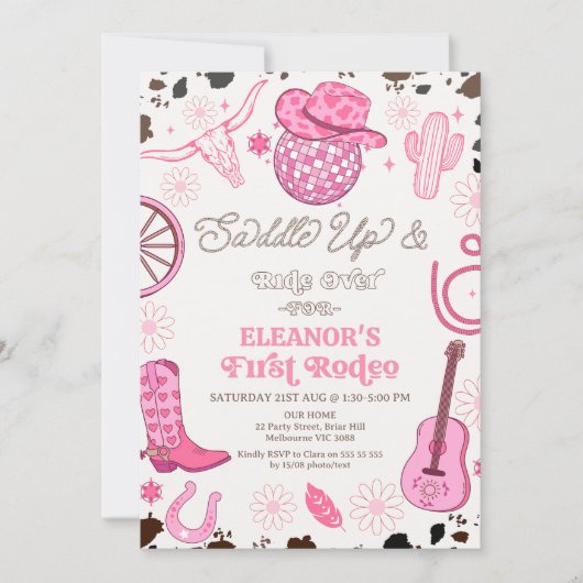 Hot Pink Cowgirl Disco Ball Eerste Rodeo Verjaarda Kaart (Voorkant)