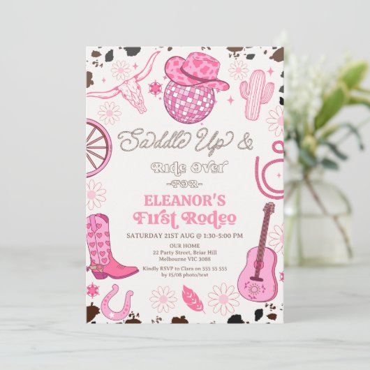 Hot Pink Cowgirl Disco Ball Eerste Rodeo Verjaarda Kaart (Staand voorkant)
