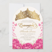 Hot Pink Crown Butterflies Elegant Quinceanera Kaart (Voorkant)