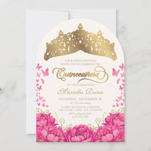 Hot Pink Crown Butterflies Elegant Quinceanera Kaart (Voorkant)