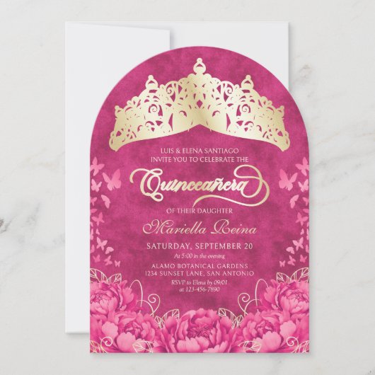 Hot Pink Crown Butterflies Elegant Quinceanera Kaart (Voorkant)