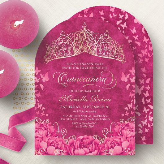 Hot Pink Crown Butterflies Elegant Quinceanera Kaart