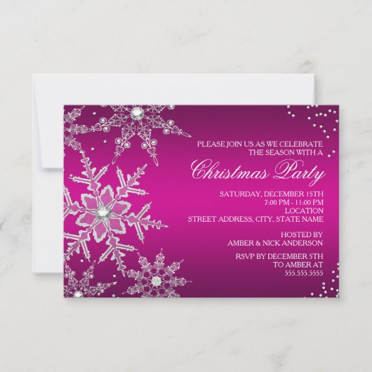 Hot Pink Crystal Snowflake Kerstdiner Party RSVP Kaartje (Voorkant)