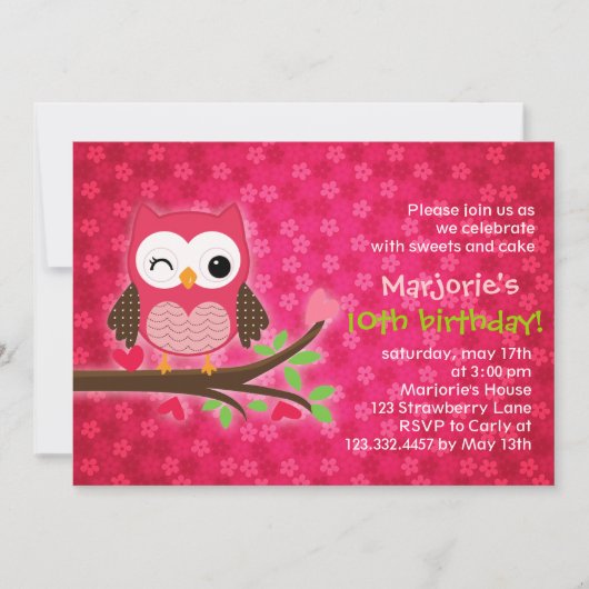 Hot Pink Cute Owl Girly Birthday Party Invitation Kaart (Voorkant)