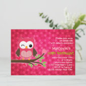 Hot Pink Cute Owl Girly Birthday Party Invitation Kaart (Staand voorkant)