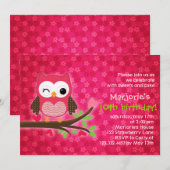 Hot Pink Cute Owl Girly Birthday Party Invitation Kaart (Voorkant / Achterkant)