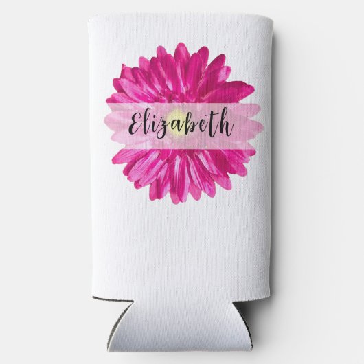  Hot Pink Daisy Custom Naam en Monogram Seltzer Blikjeskoeler (Achterkant)
