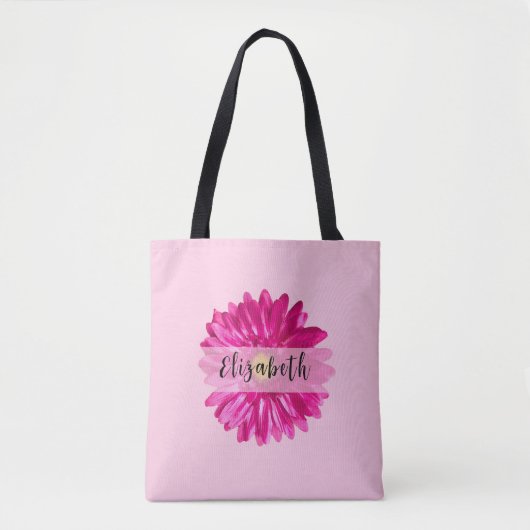  Hot Pink Daisy Custom Naam en Monogram Tote Bag (Voorkant)