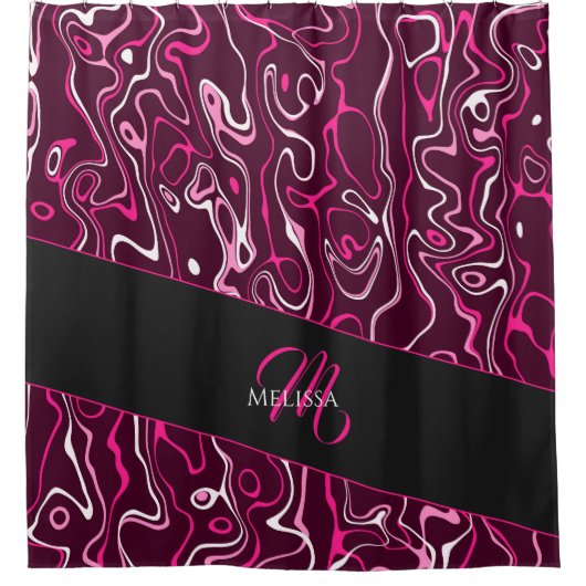 Hot pink damascus abstract swirls Custom Monogram Douchegordijn (Voorkant)