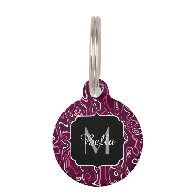 Hot pink damascus abstract swirls Custom Monogram Huisdierpenning (Voorkant)