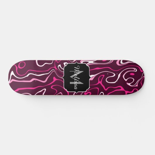 Hot pink damascus abstract swirls Custom Monogram Persoonlijk Skateboard (Horizontaal)