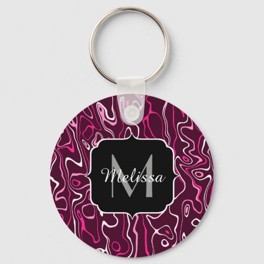 Hot pink damascus abstract swirls Custom Monogram Sleutelhanger (Voorkant)