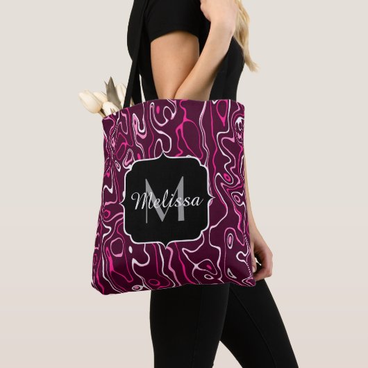 Hot pink damascus abstract swirls Custom Monogram Tote Bag (Dichtbij)